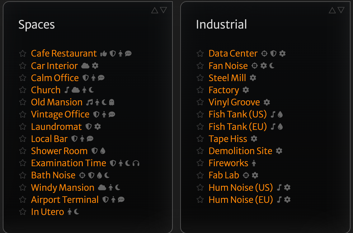 MyNoise soundscape list