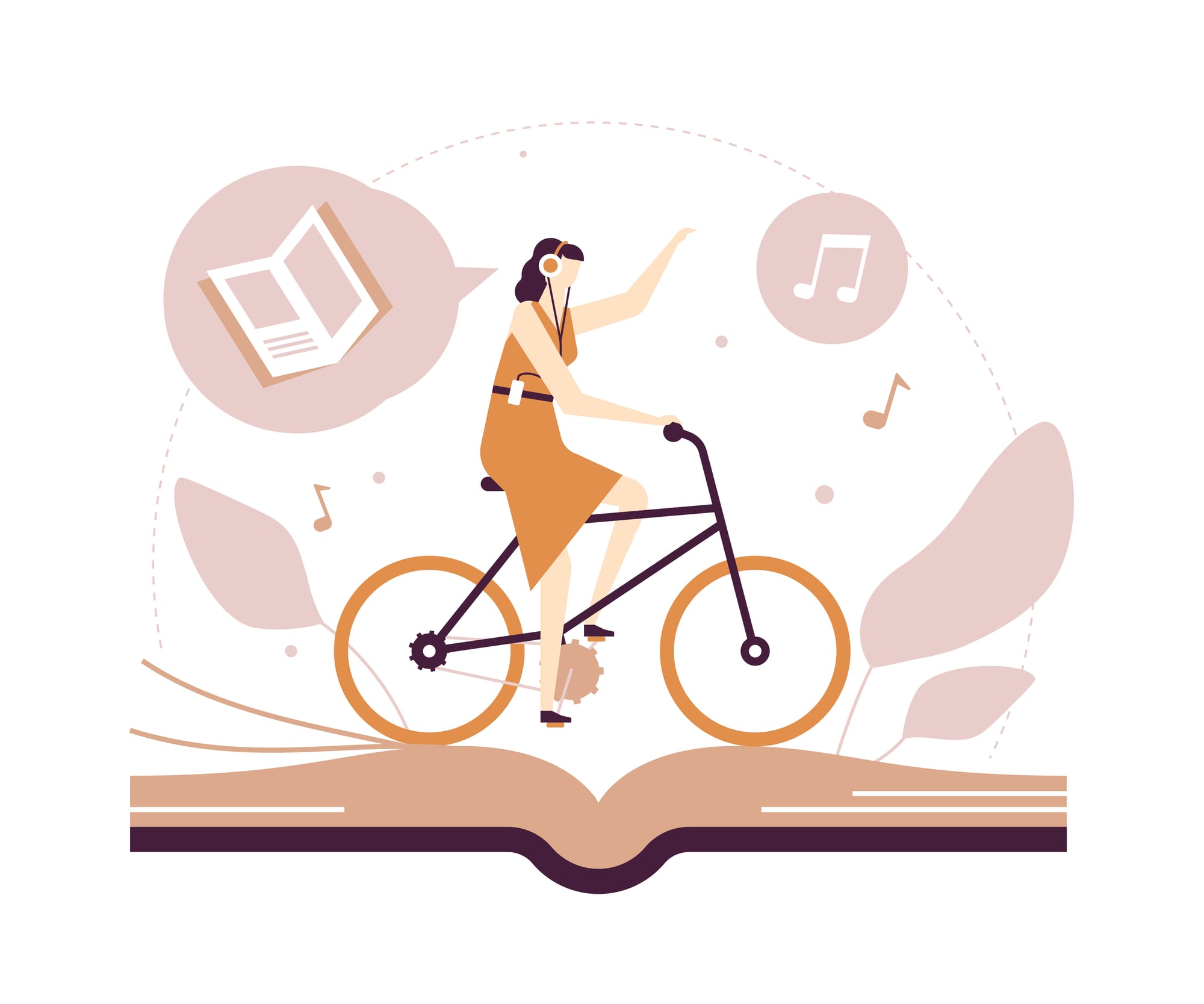 Illustration of woman riding bike and listening to audiobook