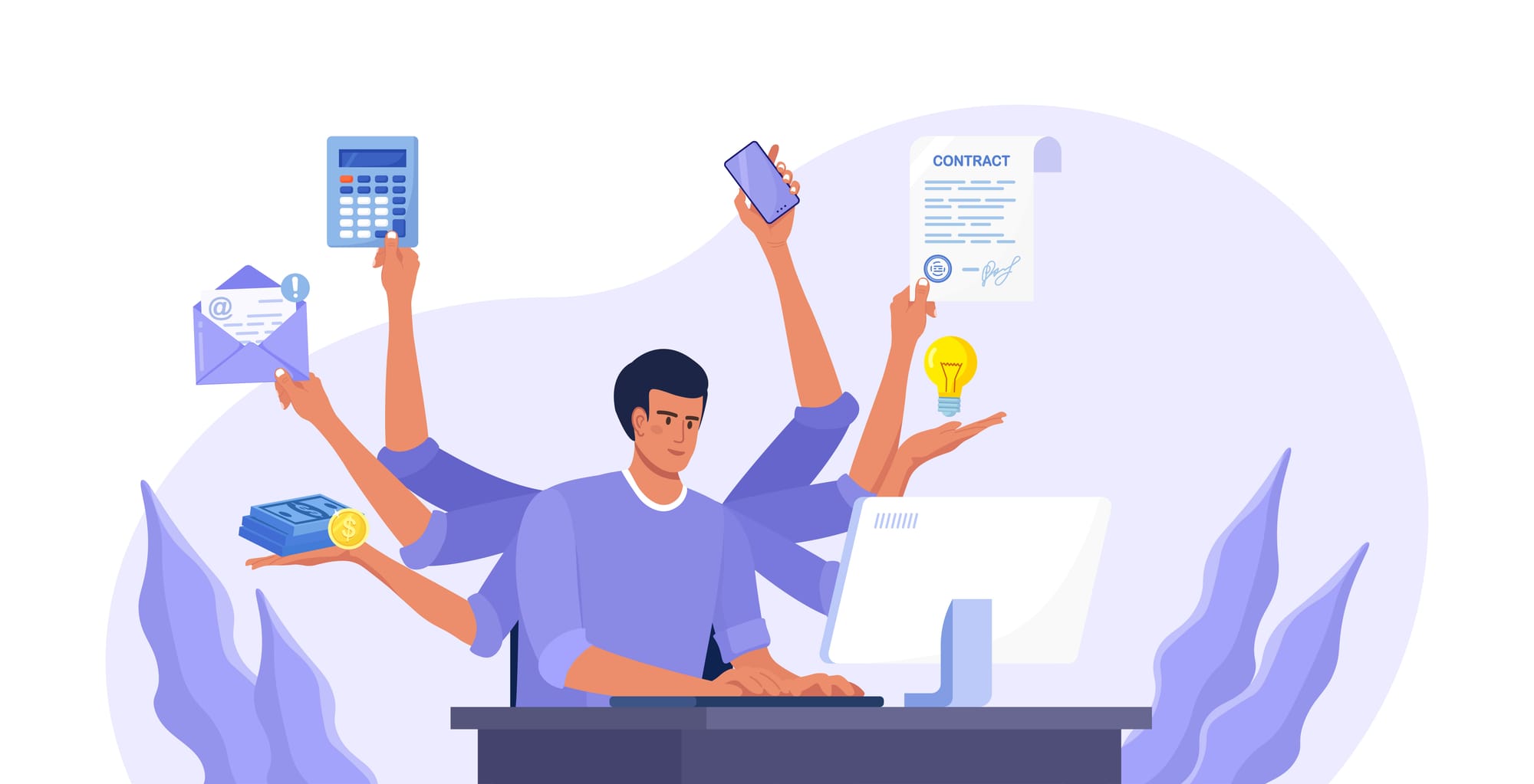 Illustration of man at computer multi-tasking
