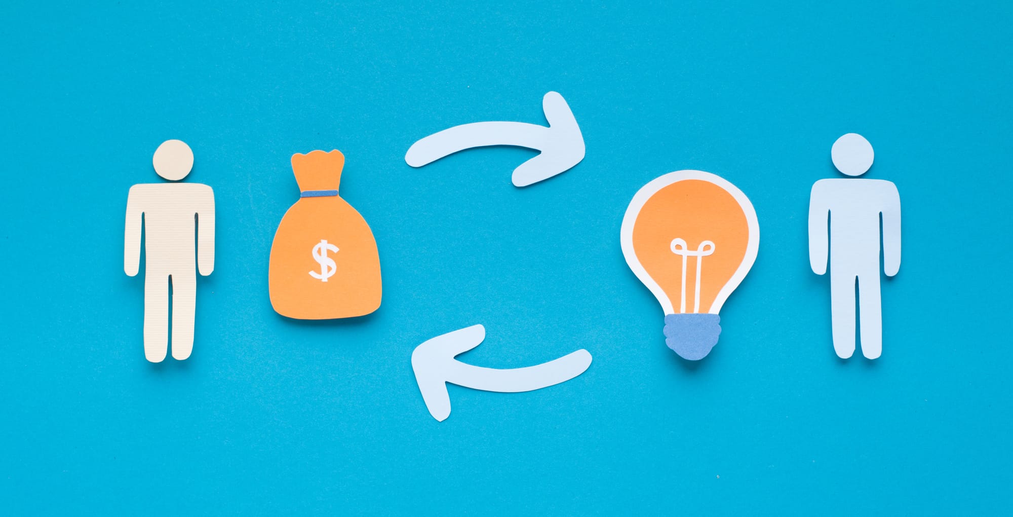 Graphic showing individual giving money to another individual