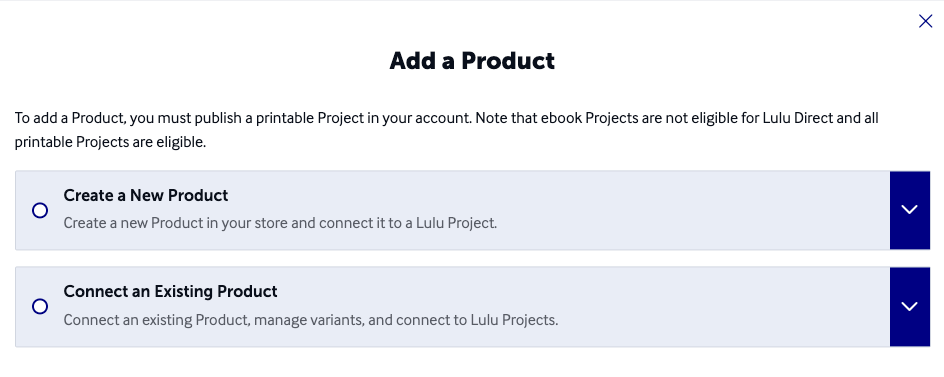 Lulu Add a Product menu