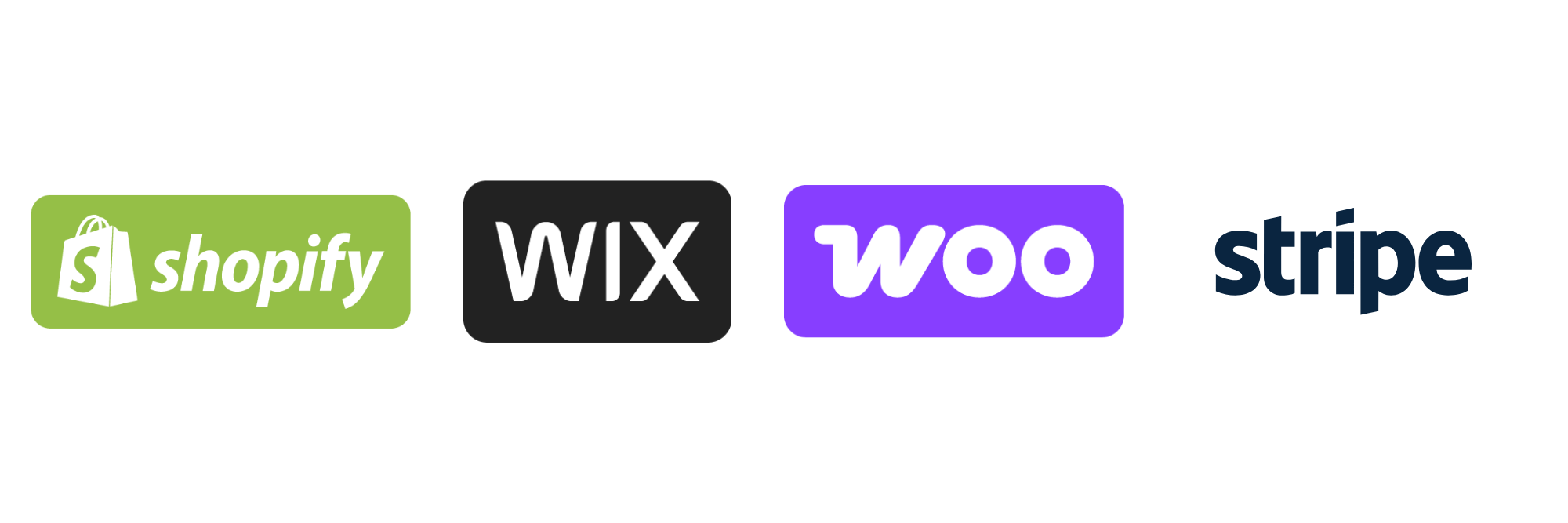 Shopify, Wix, WooCommerce, and Stripe logos
