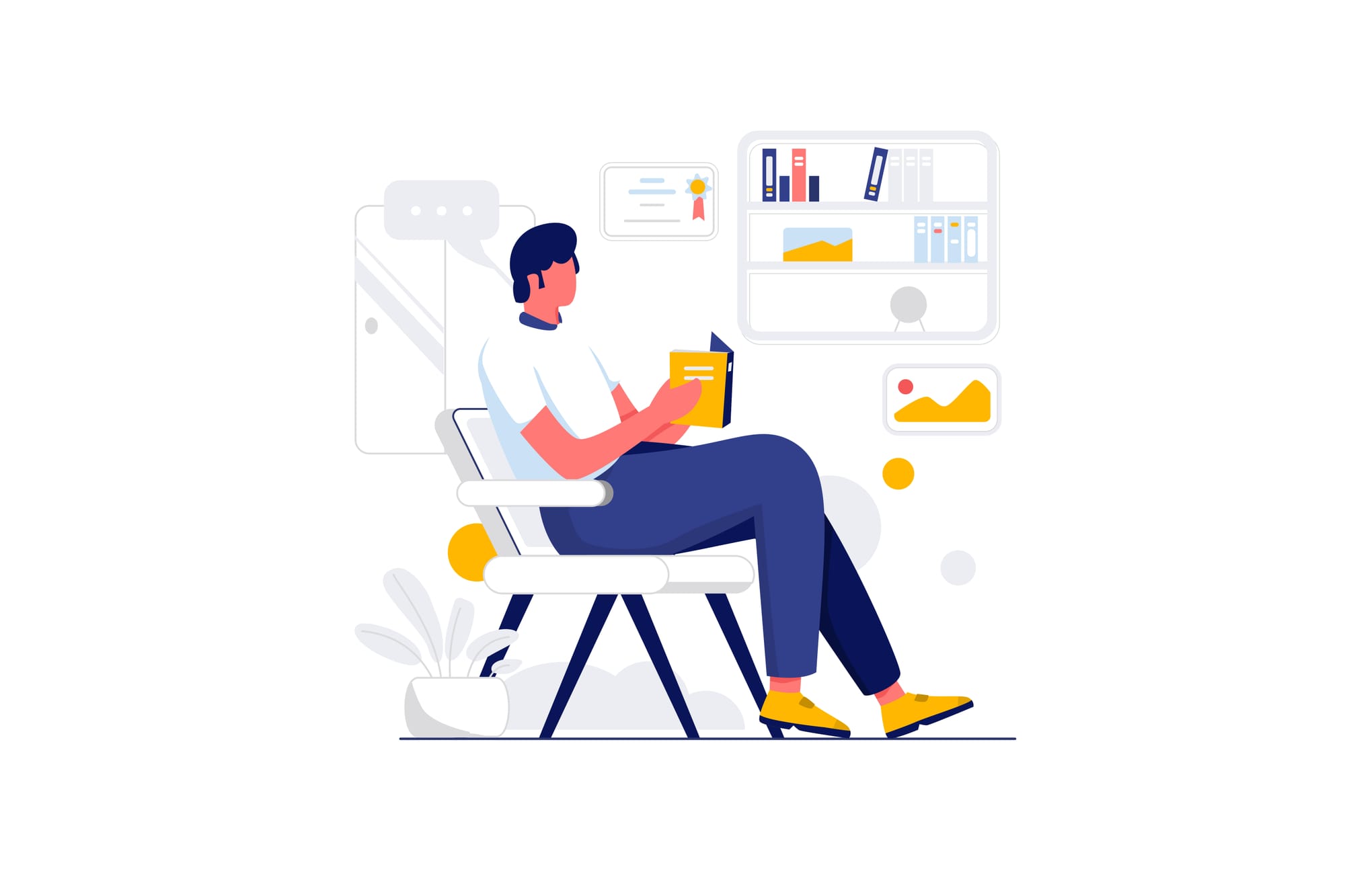 Illustration of businessman reading book in office