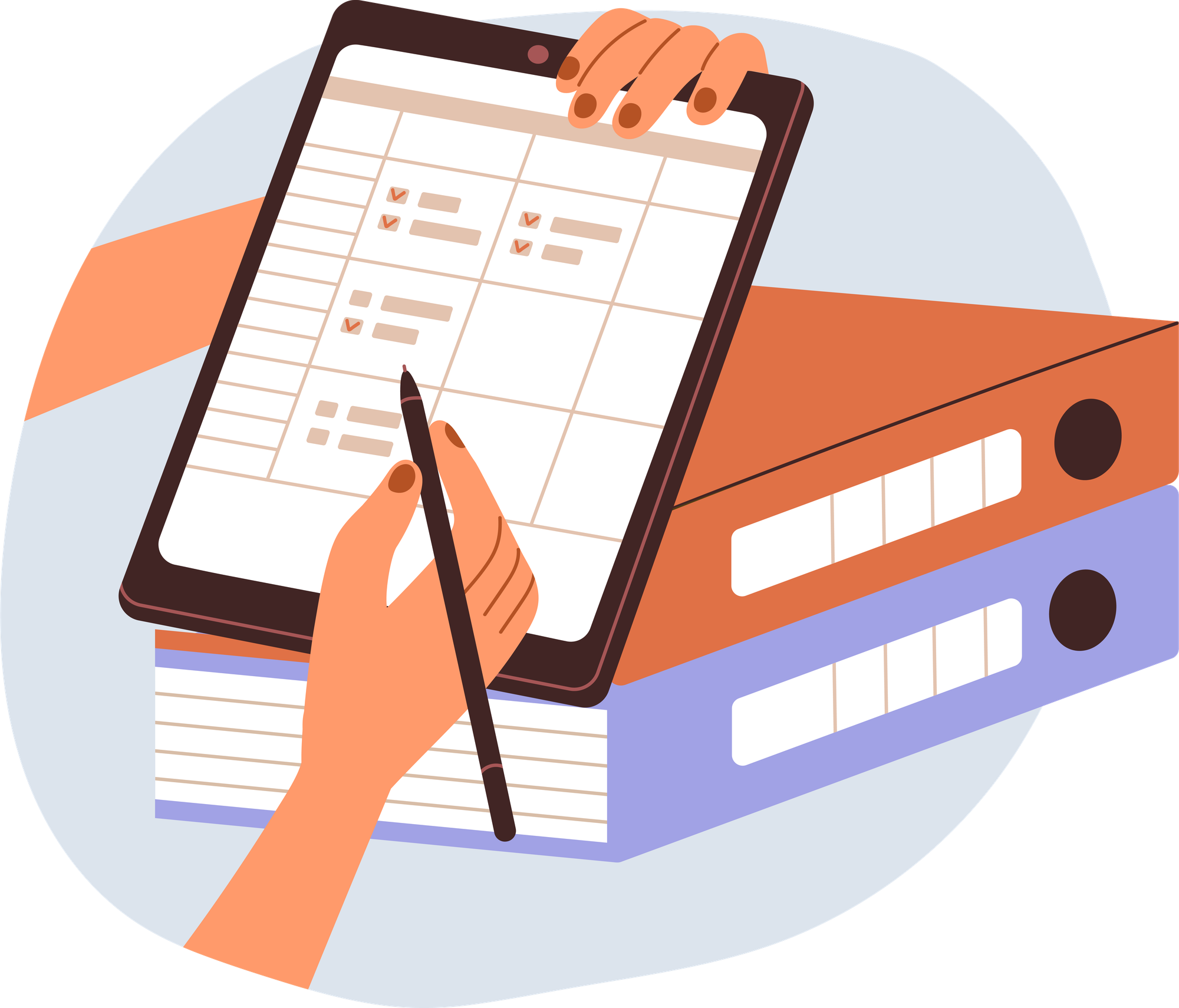 Illustration of someone taking notes in spreadsheet on tablet