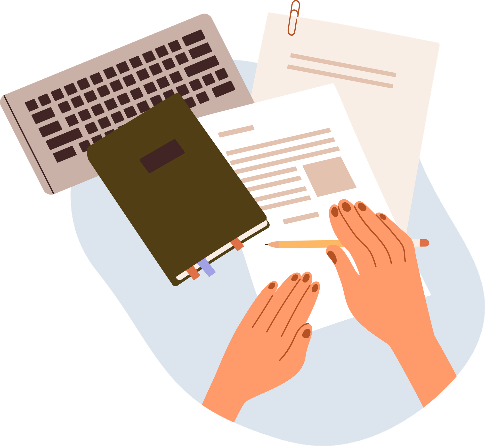 Illustration of someone at a desk with a computer and tabbed notebook
