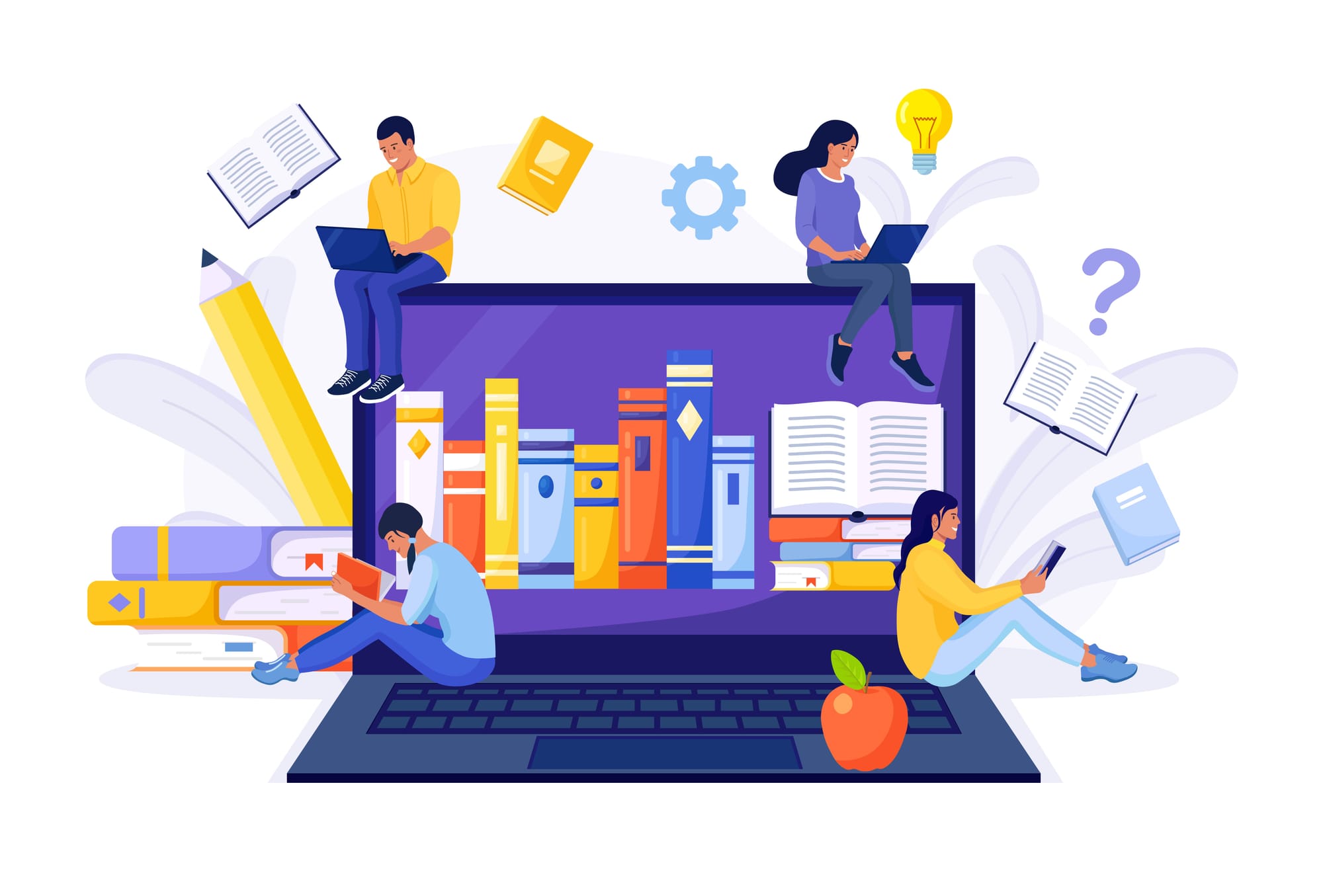 Illustration of readers reading books from laptop