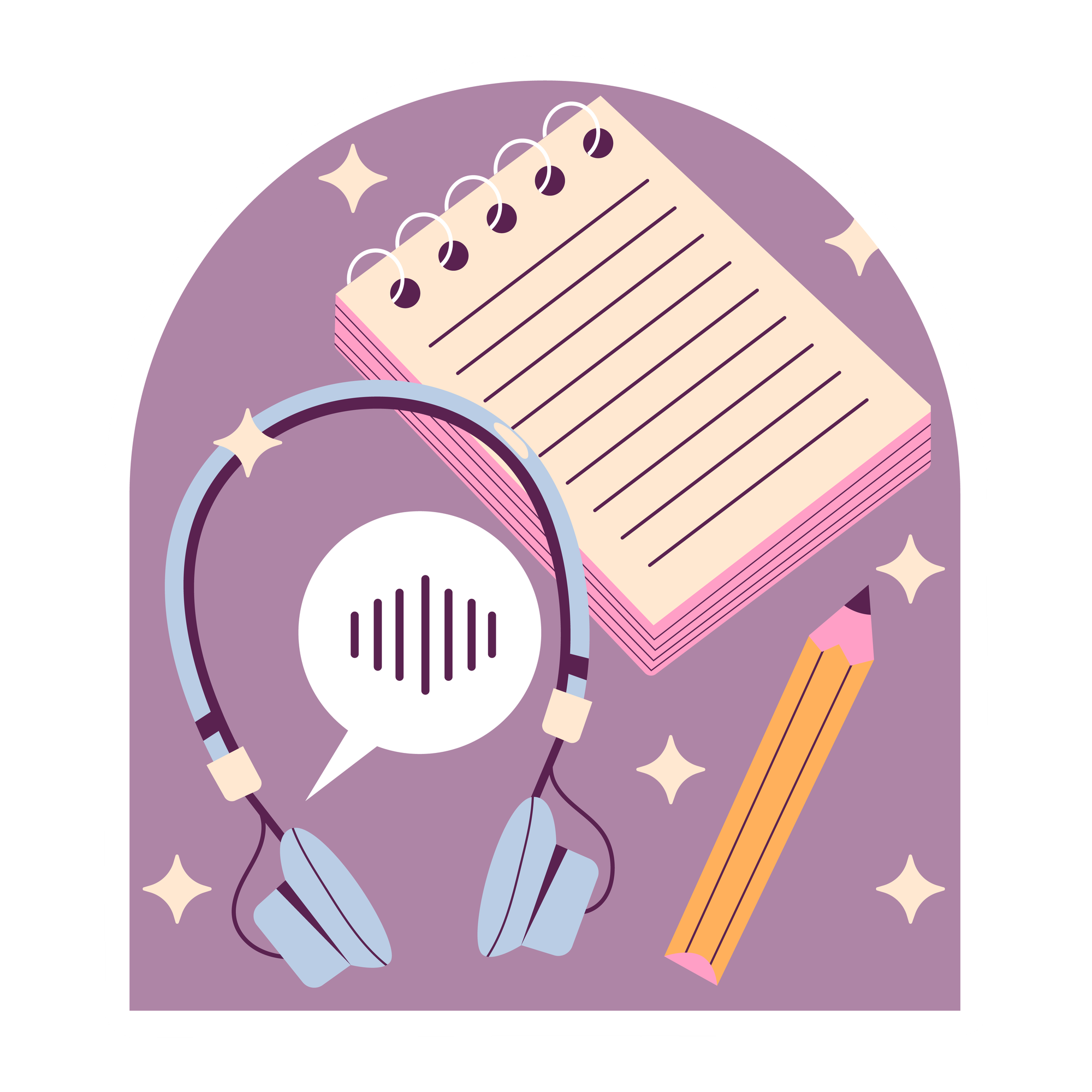 Illustration of headphones, pencil, and notepad