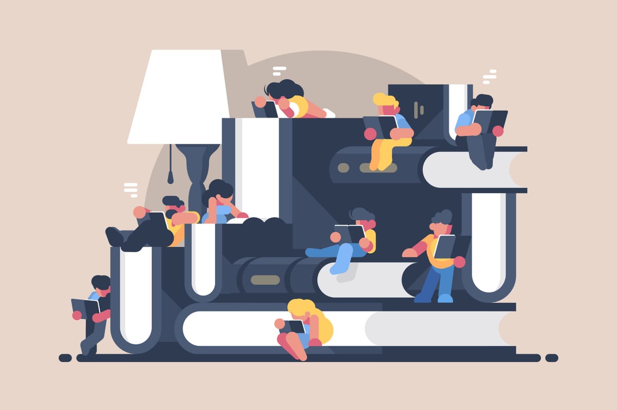 Abstract illustration of people sitting on stacks of books reading