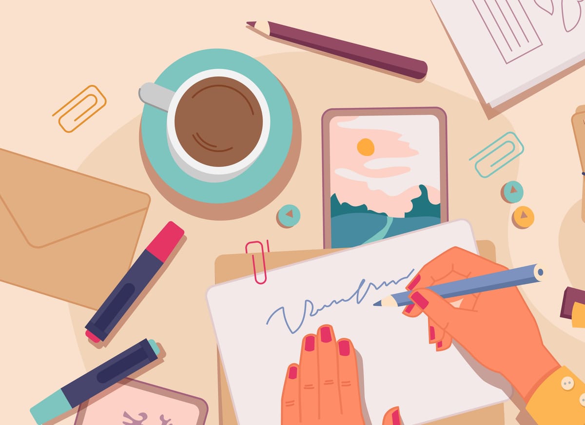 An illustration of a woman writing with paper and pencils scattered around her desk and a coffee cup off to the side