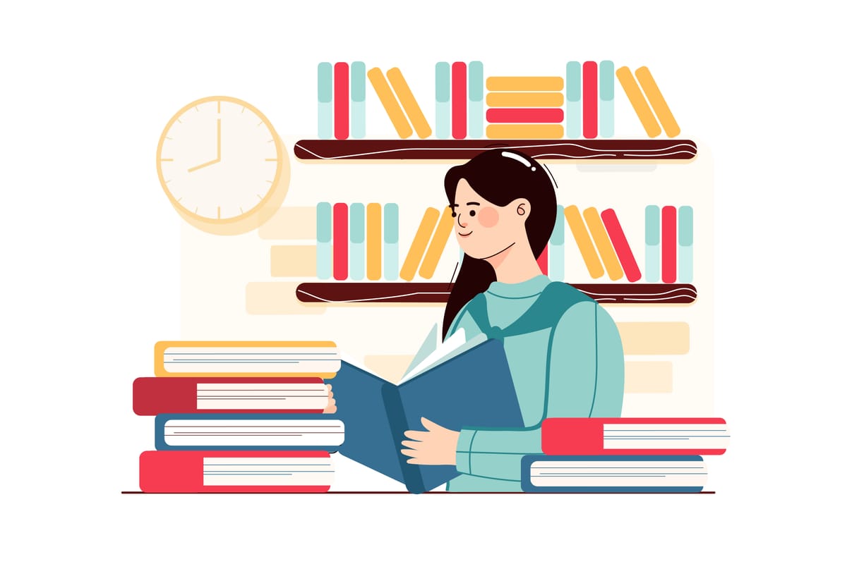 Illustration of woman looking through stack of books in bookstore